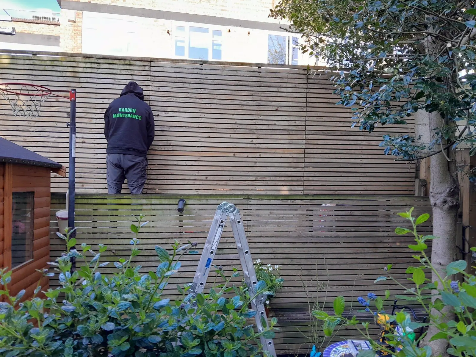 Seeing Green fitting a slatted fence panel above a brick wall